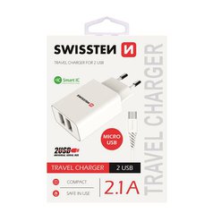Swissten SMART IC cestovní USB adaptér 2x USB + nabíjecí kabel microUSB White
