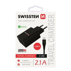 Swissten SMART IC nabíjecí USB adaptér 2x USB + nabíjecí kabel USB Type-C Black
