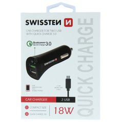 Swissten rychlonabíječka do auta 2x USB Quick Charge 3.0 18W + kabel microUSB Black