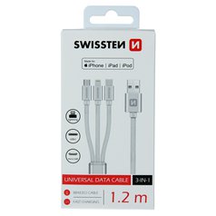 Datový kabel Swissten 3v1 USB s konektory USB-C/ microUSB/ Lightning MFi  1.2m Silver